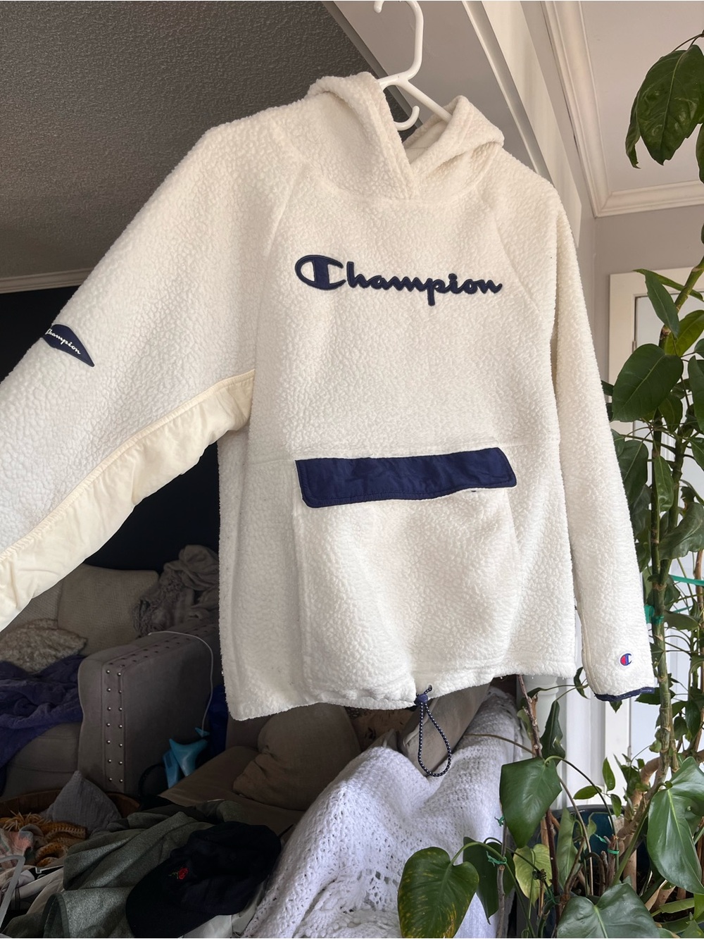 Champion Cream Sherpa Hoodie with Navy Logo Trim